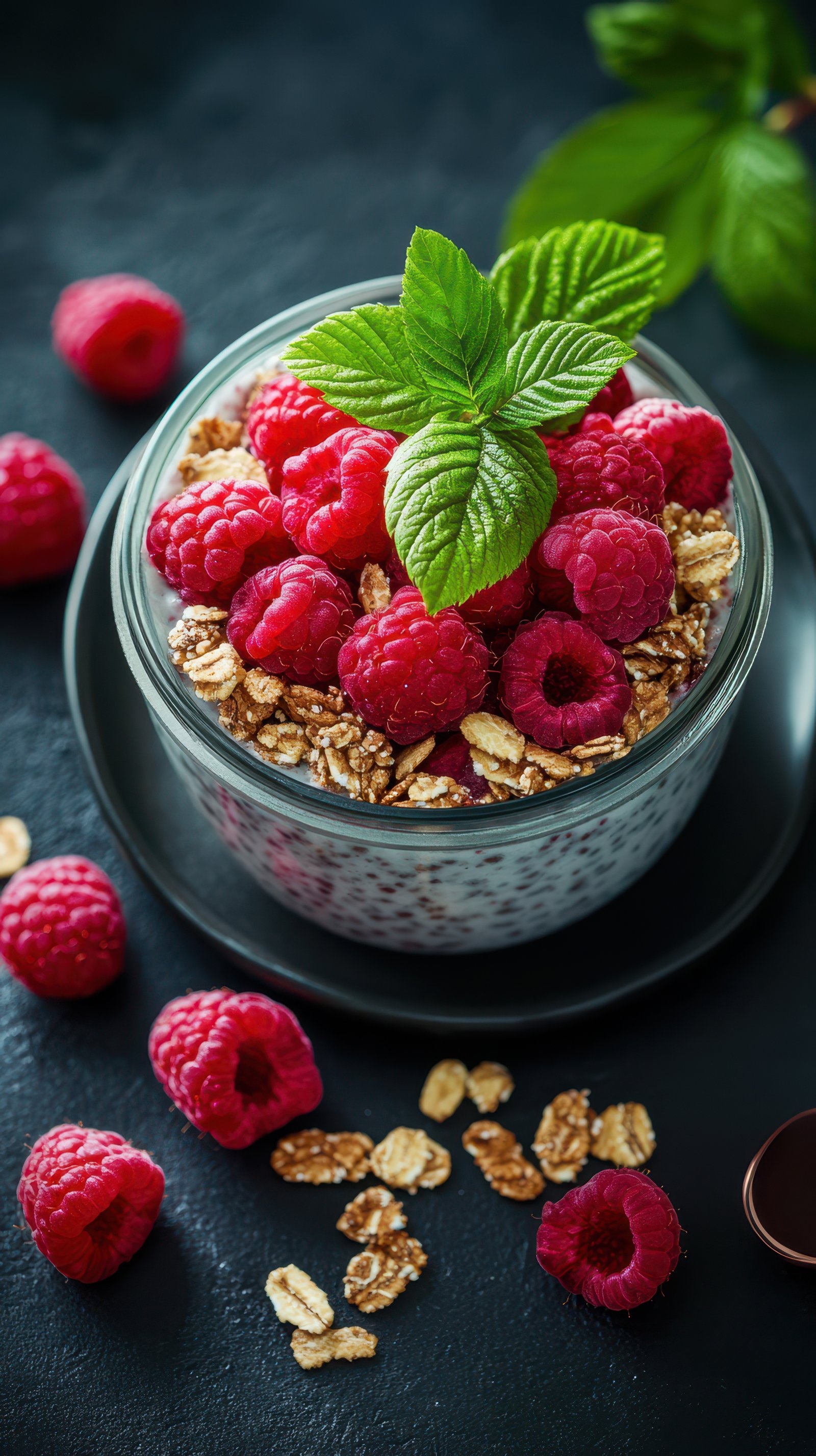 Fresh raspberry parfait with granola and mint leaves served in a glass bowl on a dark background
